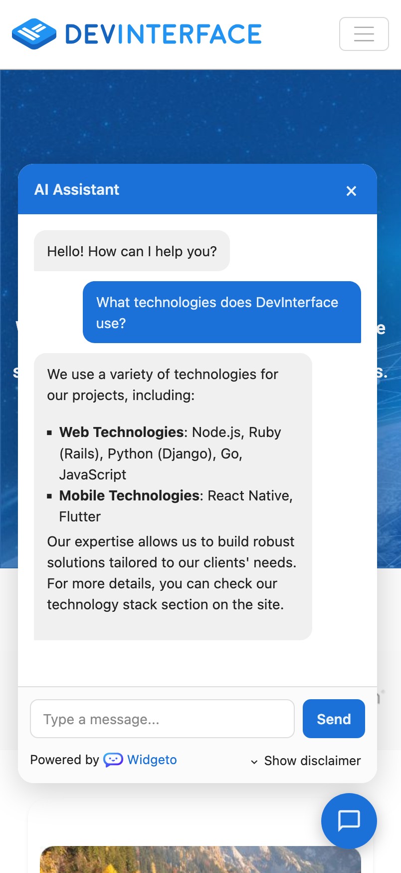 Widgeto AI chatbot answering on a smartphone